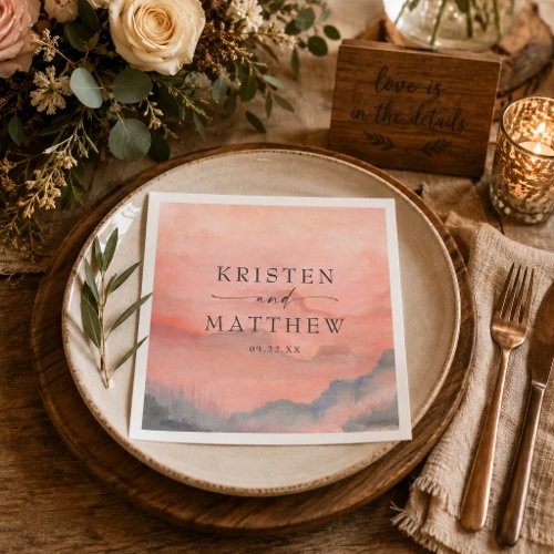 Watercolor Mountain Sunset Rustic Wedding Napkins