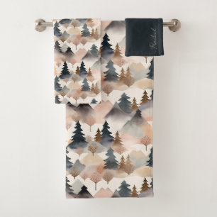 Watercolor Mountain Tree Boho Monogram Bath Towel Set