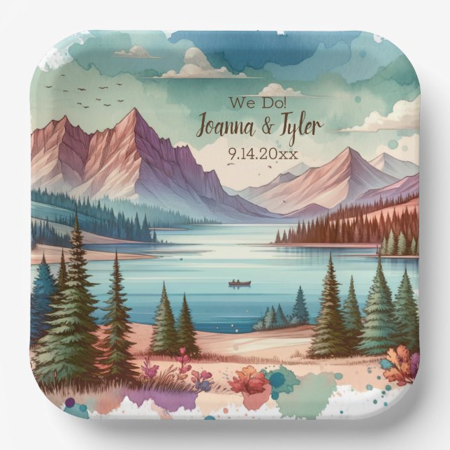 Watercolor Mountain Views Wedding  Paper Plates (Front)