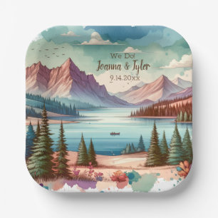 Watercolor Mountain Views Wedding Paper Plates