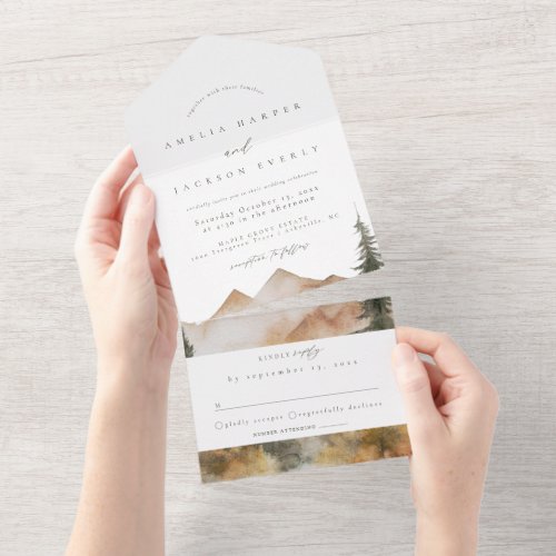 Watercolor Mountain Wedding All In One Invitation