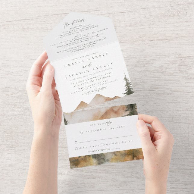 Watercolor Mountain Wedding All In One Invitation (Tearaway)