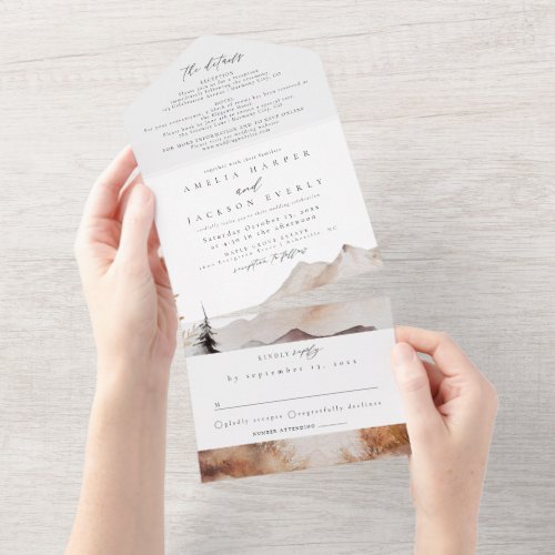 Watercolor Mountain Wedding All In One Invitation