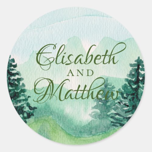 Watercolor Mountain Wedding Classic Round Sticker