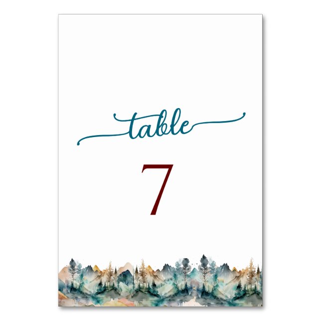 Watercolor Mountain Wedding Table Number  (Front)