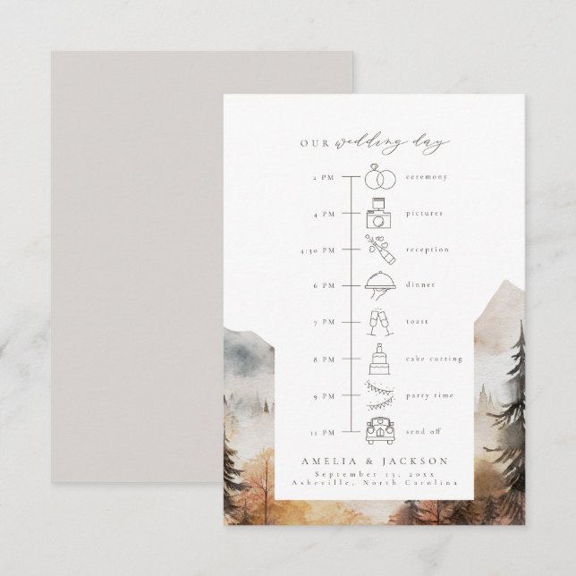 Watercolor Mountain Wedding Timeline with Icons Enclosure Card (Front/Back)