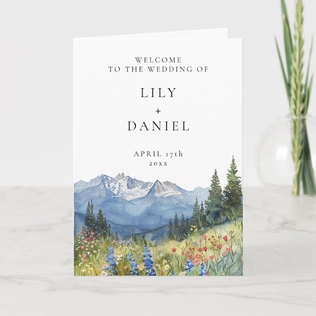 Watercolor Mountain Wildflower Elegant Wedding Program (Front)