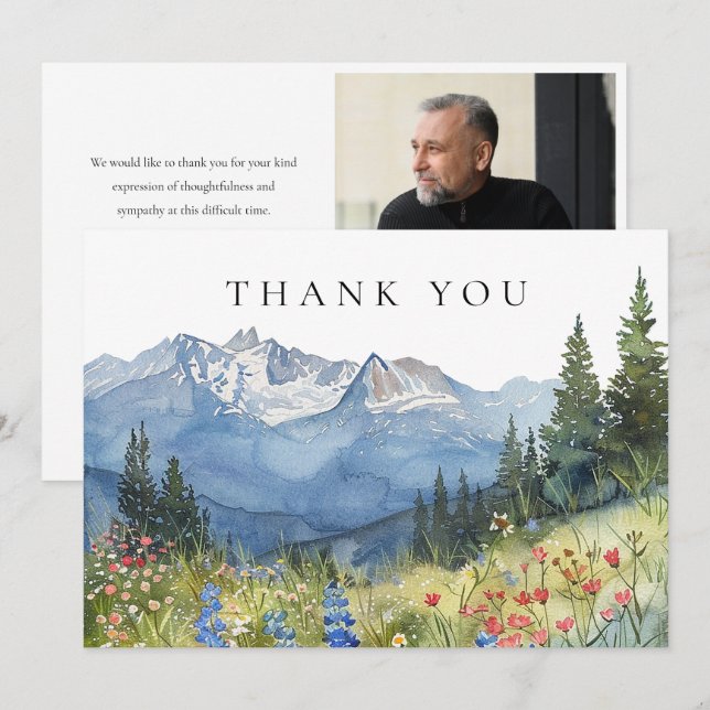 Watercolor Mountain Wildflower Funeral Photo Thank You Card (Front/Back)
