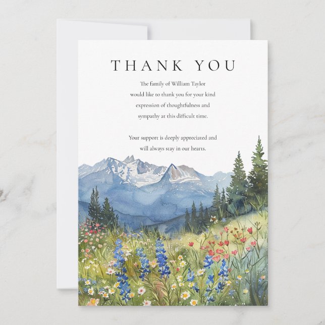 Watercolor Mountain Wildflower Funeral Thank You Card (Front)