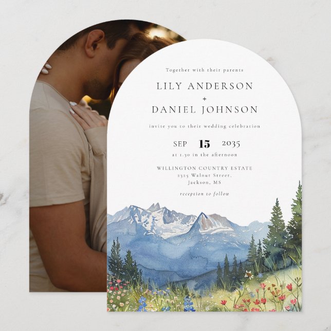 Watercolor Mountain Wildflower Photo Wedding Arch Invitation (Front/Back)
