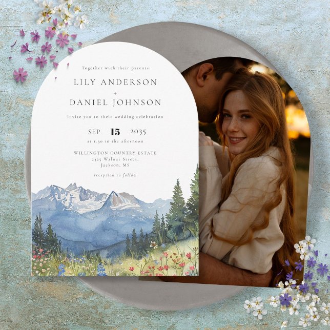 Watercolor Mountain Wildflower Photo Wedding Arch Invitation (Watercolor Mountain Wildflower Photo Wedding Arch Invitation)