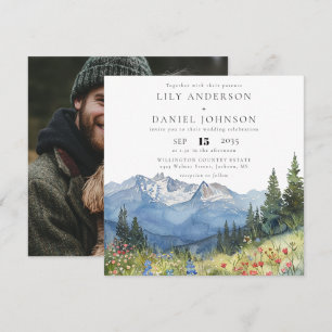 Watercolor Mountain Wildflower Photo Wedding Invitation