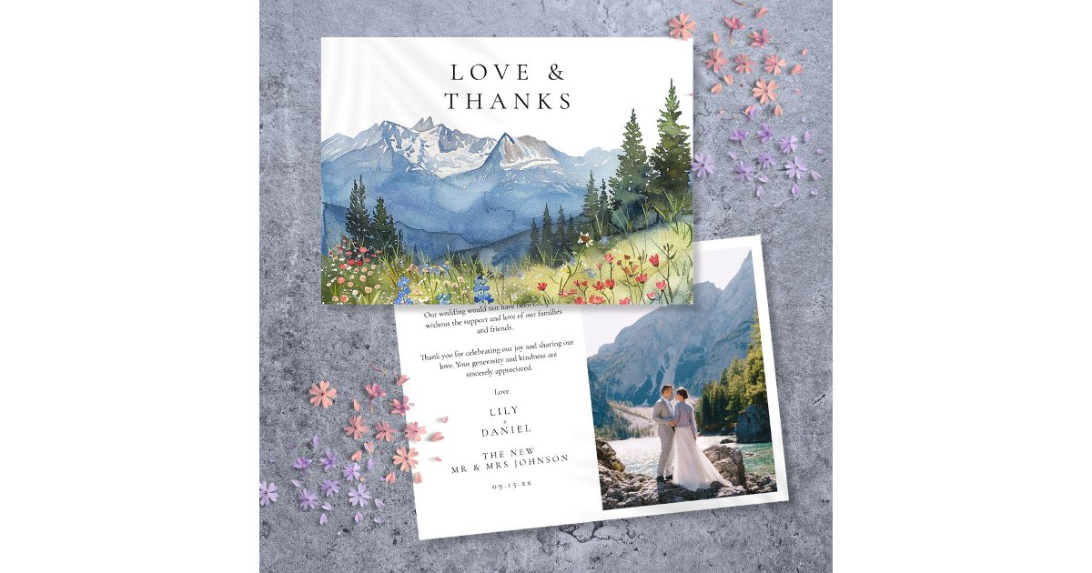 Watercolor Mountain Wildflower Wedding Photo Thank You Card | Zazzle