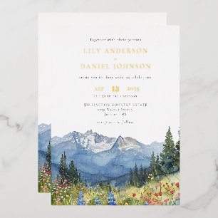 Watercolor Mountain Wildflower Wedding QR Code Foil Invitation
