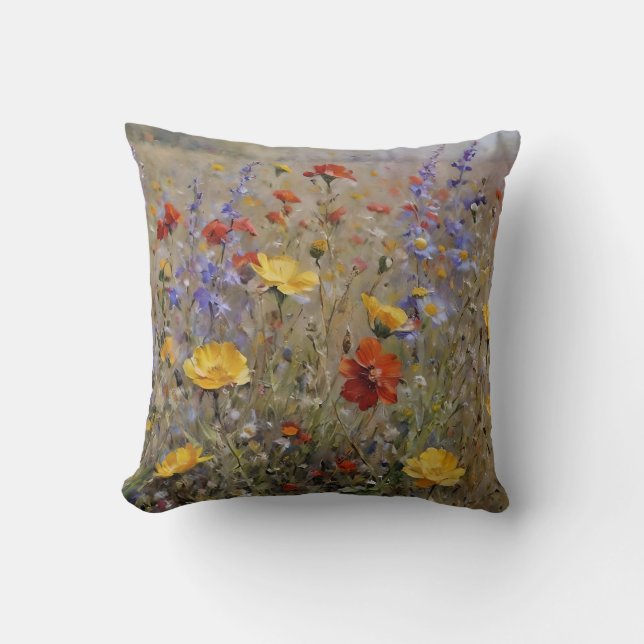 Watercolor Mountain Wildflowers Throw Pillow (Front)