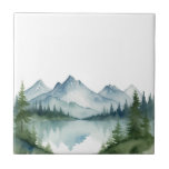 Watercolor Mountains and Green Pine Trees Nature Ceramic Tile<br><div class="desc">watercolor mountain nature art, watercolour peaceful lake mountains, watercolored painting national park, relaxing natural landscape scene, calm relaxed pine forest, green conifer trees, pastel aqua blue white, woodland log cabin house, lakehouse</div>