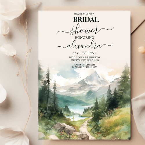 Watercolor Mountains And Pine Forest Bridal Shower Invitation