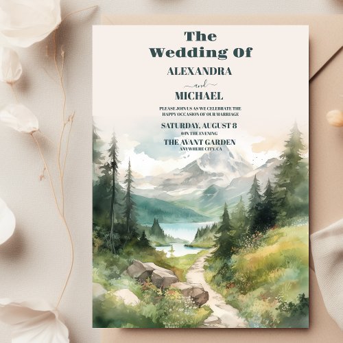 Watercolor Mountains And Pine Forest Wedding Invitation