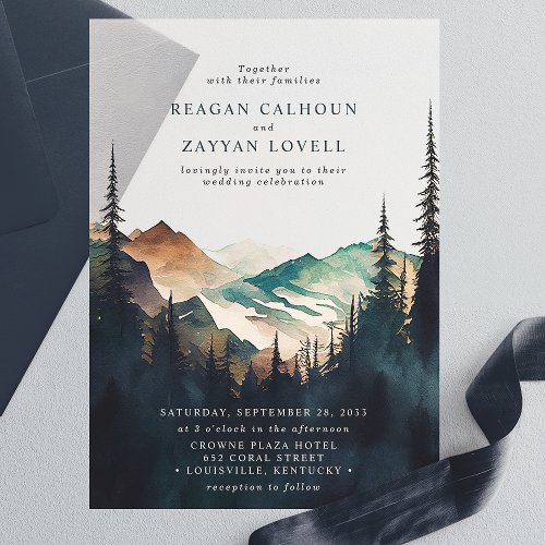 Custom Wedding 4 Watercolor Mountains And Pine Forest Wedding Vellum Invitations