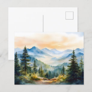 Watercolor Mountains and Pine Trees Postcard