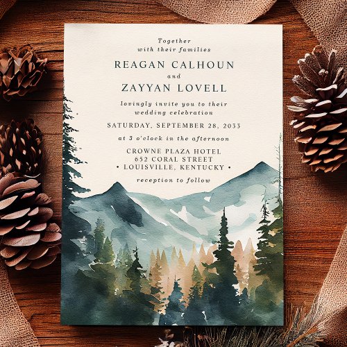 Watercolor Mountains And Pines Rustic Wedding Invitation