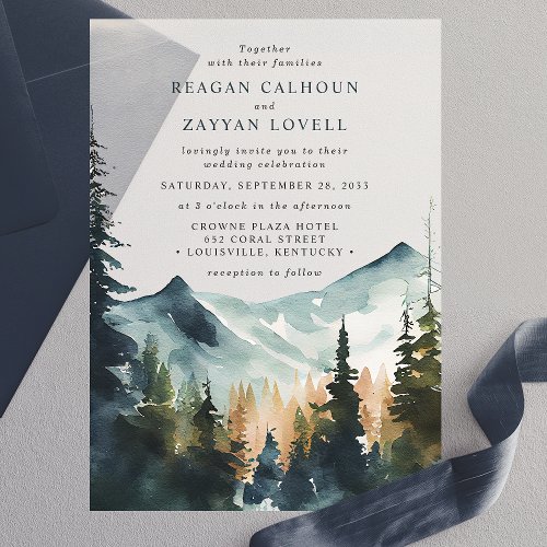 Custom Wedding 13 Watercolor Mountains And Pines Rustic Wedding Vellum Invitations