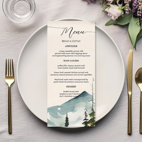 Watercolor Mountains And Pines Wedding Menu