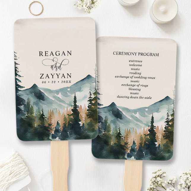 Watercolor Mountains And Pines Wedding Program Hand Fan (Creator Uploaded)