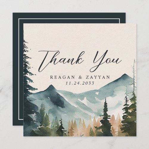 Watercolor Mountains And Pines Wedding  Thank You Card