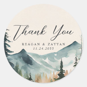 Watercolor Mountains And Pines Wedding Thank You Classic Round Sticker