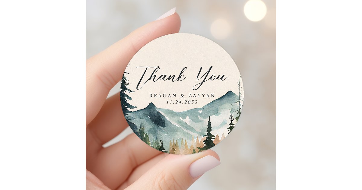 Watercolor Mountains And Pines Wedding Thank You Classic Round Sticker ...