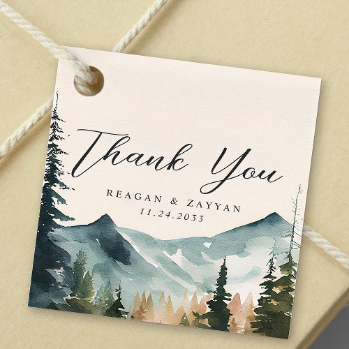 Watercolor Mountains And Pines Wedding Thank You Favor Tags