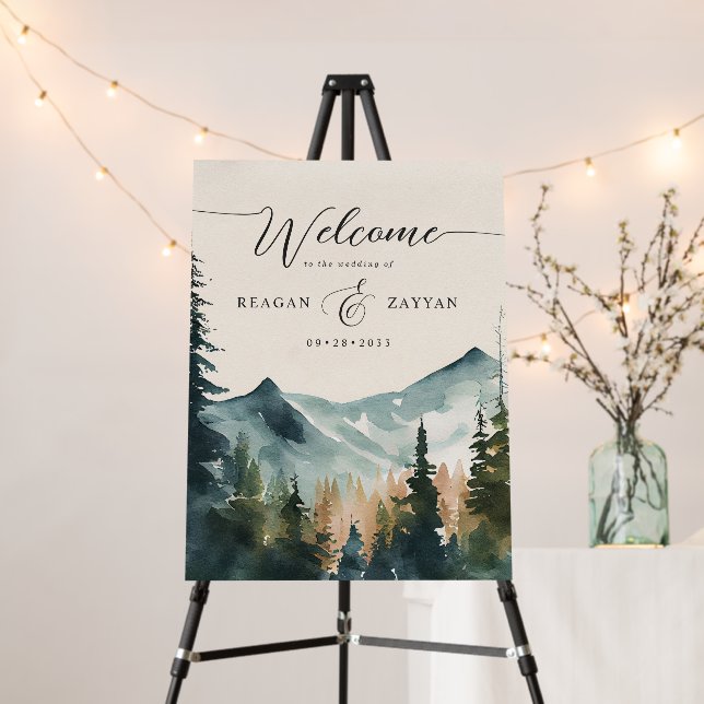 Watercolor Mountains And Pines Wedding Welcome Foam Board (In Situ (Stand))
