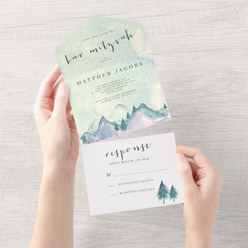 Watercolor Mountains and Trees Bar Mizvah All In One Invitation