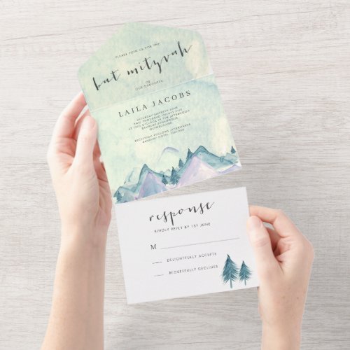 Watercolor Mountains and Trees Bat Mizvah All In One Invitation