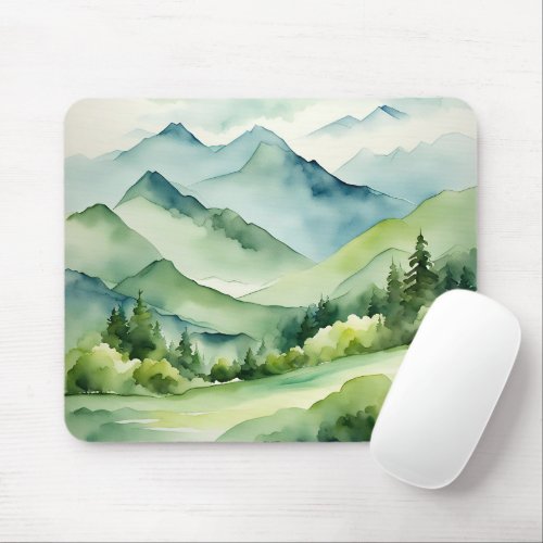 Watercolor Mountains and Trees Mouse Pad