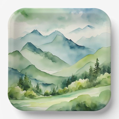 Watercolor Mountains and Trees Paper Plates