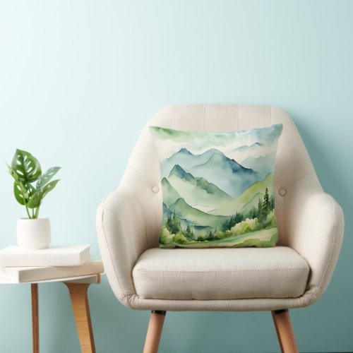 Watercolor Mountains and Trees Throw Pillow