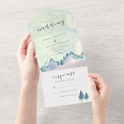 Watercolor Mountains and Trees Wedding  All In One Invitation
