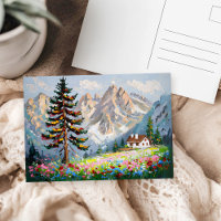 Watercolor Mountains Cabin Wildflowers Landscape