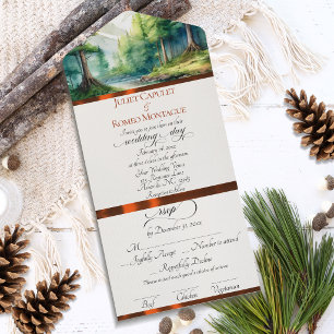 Watercolor Mountains & Copper Ribbon Wedding All In One Invitation