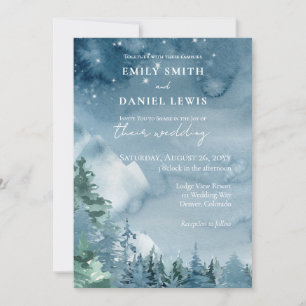 Watercolor Mountains Dark Dusk Blue Rustic Wedding Invitation