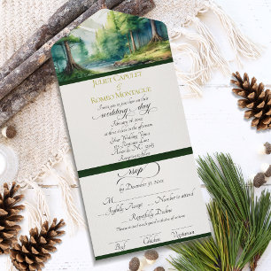 Watercolor Mountains & Emerald Ribbon Wedding All In One Invitation