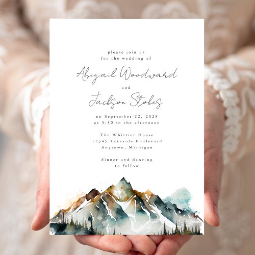 Watercolor Mountains Evergreen Forest Wedding Invitation