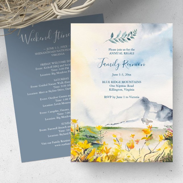 Watercolor Mountains Family Reunion Itinerary Invitation (Family reunion invitations with itinerary watercolor blue ridge mountains yellow florals summer)