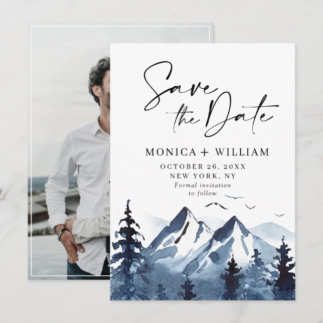 Watercolor Mountains Forest Wedding Photo  Save The Date (Front/Back)