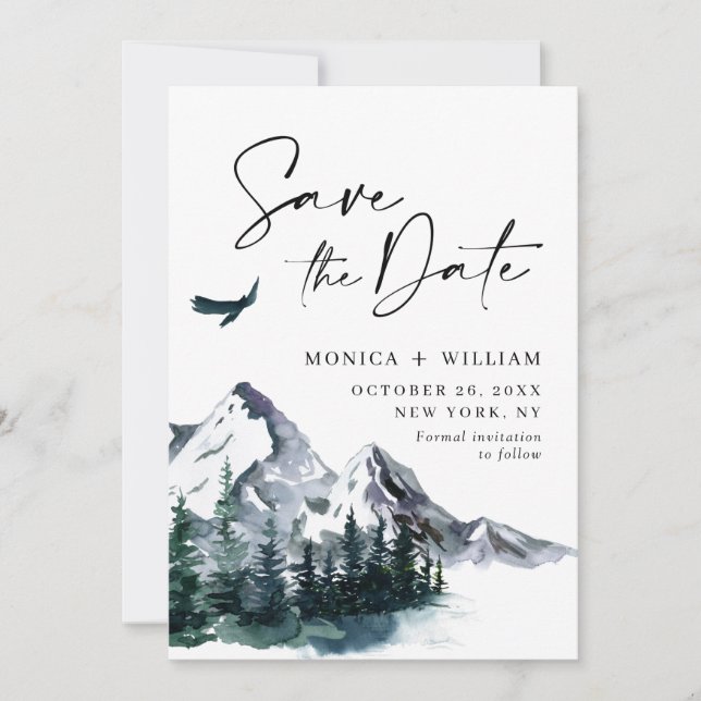 Watercolor Mountains Forest Wedding Photo Save The Date (Front)