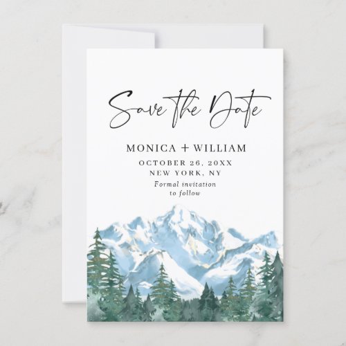 Watercolor Mountains Forest Wedding  Save The Date