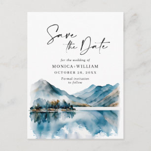 Watercolor Mountains Forest Wedding Save the Date Postcard
