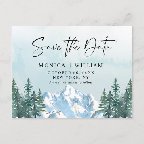 Watercolor Mountains Forest Wedding Save the Date  Postcard